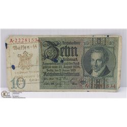 GERMAN WWII 10 MARK STAMPED FIRST SS DIVISION OF