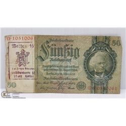 GERMAN WWII 50 MARK STAMPED FIRST SS DIVISION OF