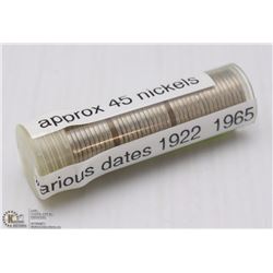 TUBE OF 1922-1965 ASSORTED NICKELS (APPROX 45 QTY)