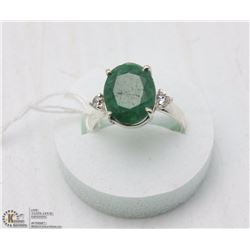 216-GREEN EMERALD & CZ  RING .925 STERLING SILVER