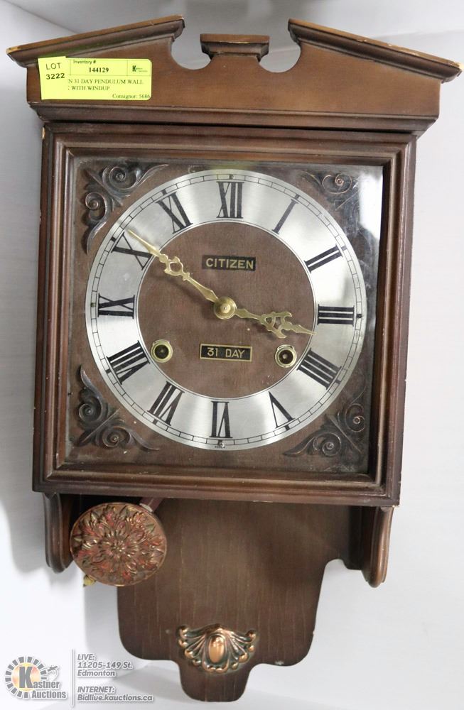 CITIZEN 31 DAY PENDULUM WALL CLOCK WITH WINDUP