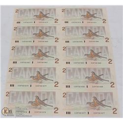 10 UNCIRCULATED CANADIAN $2 BILL W/ ROBINS X10