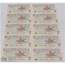 10 UNCIRCULATED CANADIAN $2 BILL W/ ROBINS X10