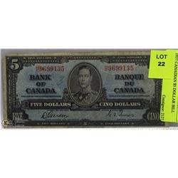 1937 CANADIAN $5 DOLLAR BILL