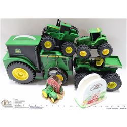 LOT OF JOHN DEERE TOYS, CARRY CASE, NAPKIN, TEA