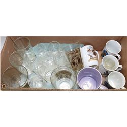1 BOX OF GLASSWARE WITH NORMAN ROCKWELL CUPS
