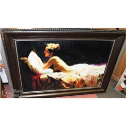 LARGE WOOD TONE FRAMED PARTIAL NUDE LADY PICTURE