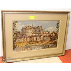 VINTAGE PETITPOINT FRAMED BUILDING PICTURE