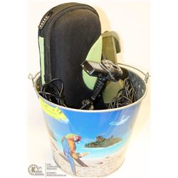 TIN PAIL WITH MISC ELECTRONICS