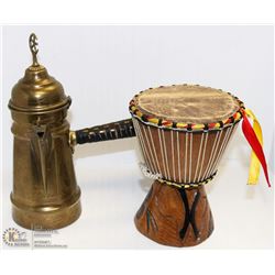 VINTAGE BRASS LEATHER HANDLE WRAP TEAPOT AND WOOD