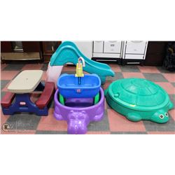 LOT OF 5 KIDS YARD TOYS INCL 2 MINI POOLS, SLIDE,