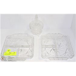 2 CRYSTAL PINWHEEL PLATTERS AND SUGAR BOWL