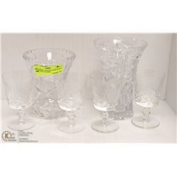 2 PINWHEEL CRYSTAL VASES WITH 4 MATCHING GLASSES