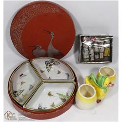BOX OF JAPAN VINTAGE ITEMS INCL NIPPON 3PC DISH