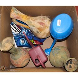 LARGE BOX W/3 TERRA COTTA POTS &
