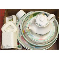ESTATE BOX WITH LARGE BOWLS, TEA POT AND MORE