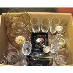 BOX OF GLASSWARE INCLUDES PRINCESS HOUSE CANDLE