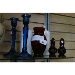 COLLECTIBLE COLORED GLASSWARE AND TWO MILK GLASS BOTTLES