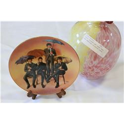 MULTI COLORED ART GLASS VASE AND BEATTLES COLLECTOR PLATE