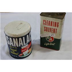 TWO VINTAGE TINS OF CLEANING SOLVENT AND SANALAC MILK