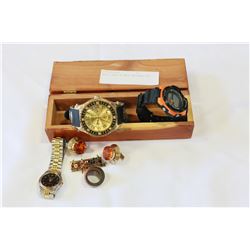 WOOD CASE OF MENS WATCHES ETC