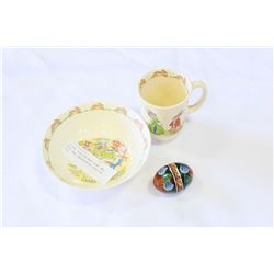 ROYAL DOULTON BABY BOWL AND MUG AND HANDPAINTED RUSSIAN EGG