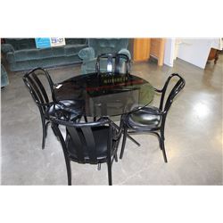 FLOUR BLACK PLASTIC BENTWOOD LOOK CHAIRS AND ROUND BLACK GLASS DINING TABLE