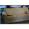 Image 1 : DECORATIVE ROLLED ARM DESIGNER SOFA AND LOVESEAT WITH BRASS NAIL HEAD AND FOUR THROW PILLOWS