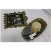 Image 1 : VINTAGE VANITY TRAY AND ONYX DRESSER DISH AND GILT CONVEX GLASS PICTURE
