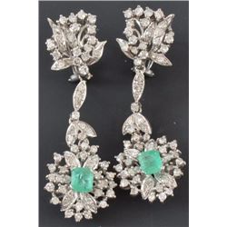 Pair of 10k White Gold Diamond & Emerald Earrings