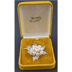 14k White Gold Pearl & Diamond Brooch