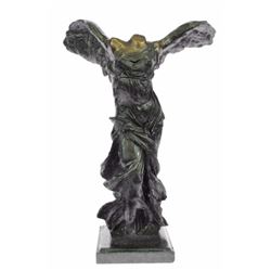 Winged Of Victory Samothrace Bronze Sculpture On Marble Base Figure
