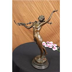 Wood Nude Nymph Calling Into Forest Bronze Sculpture