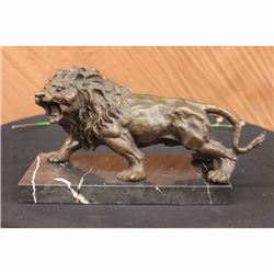 Angry Hungry Male Lion Bronze Sculpture on Marble Base Figurine