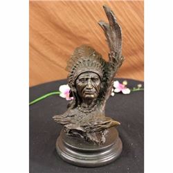 Native American With Eagle Bronze Statue on Marble Base Sculpture