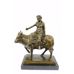 Young Woman Rides A Bull Bronze Sculpture on marble base Statue