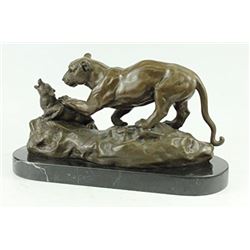 Jaguar Attacks Cub Bronze Statue on Marble Base Sculpture
