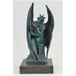 Green Patina Devil bronze sculpture on marble base