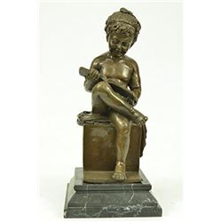Young Girl Reading Book Bronze Sculpture on Marble Base Figurine