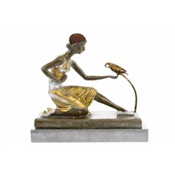 Lady And The Parrot Bronze Sculpture on marble base