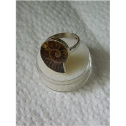 RING - CUSTOM DESIGNED AMMONITE IN STERLING SILVER SETTING - APPROX. 1 X 1" - STAMPED 925 -  RETAIL 
