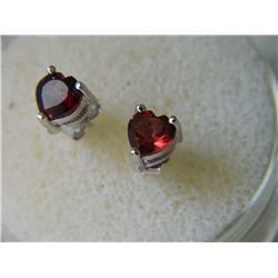 EARRINGS- GORGEOUS HEART FACETED 1.29CTW GARNET IN STERLING SILVER SETTING -PLATINUM OVERLAY - POST 