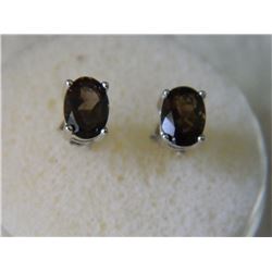 EARRINGS - STUNNING OVAL FACETED 2.1/5 CTW SMOKEY TOPAZ IN STERLING SILVER SETTING -  INCLUDES CERTI