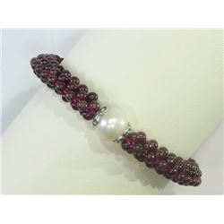 BRACELET - NATURAL GARNET BEADS & NATURAL ROUND WHITE PEARL IN 925 STERLING SILVER SETTING - WITH CE