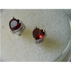 EARRINGS- GORGEOUS HEART FACETED 1.29CTW GARNET IN STERLING SILVER SETTING -PLATINUM OVERLAY - POST 