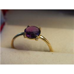 RING - RICH PURPLE ROUND CUSION CUT AMETHYST & 4 DIAMONDS IN STERLING SILVER SOLITAIRE DESIGNED SETT