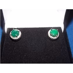 EARRINGS- NEW 2.25CT ROUND CUT RICH, DEEP GREEN EMERALD & DIAMONDS IN STERLING SILVER SETTING - INCL