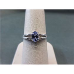 RING - OVAL FACETED TANZANITE & 2 DIAMOND IN STERLING SILVER SOLITAIRE SETTING - RETAIL ESTIMATE $35