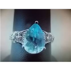RING - 3.5CT PEAR FACETED BLUE TOPAZ & 2 ROUND FACETED DIAMONDS IN STERLING SILVER COCTAIL DESIGNED 