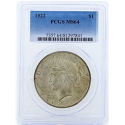 1922 $1 Peace Silver Dollar Coin PCGS MS64